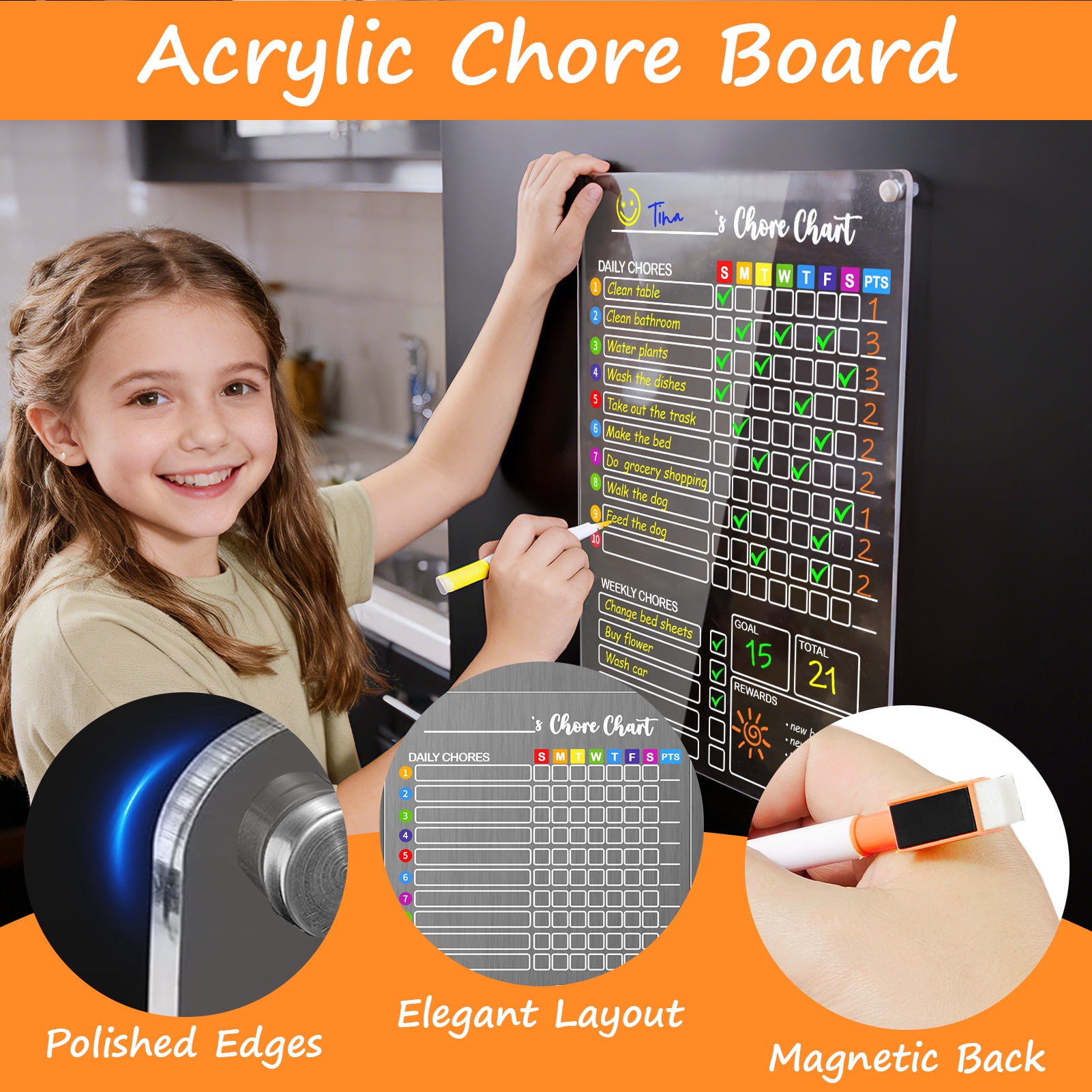 BrilhoGlee 2 Pack Acrylic Magnetic Chore Chart for Kids, 16"x12" Dry Erase Reward & Behavior Board, Magnetic Calendar for Fridge, Reusable Daily Routine Chart for Multiple Kids