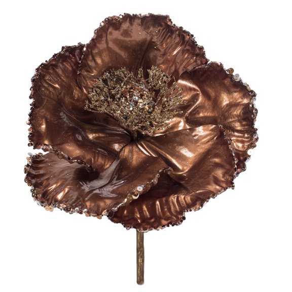 Vickerman 14" Chocolate Pearl Glitter Poppy 8" Flower Head 3/Bag. This flower features eye-catching glitter accents that will take your decorating project to the next level. Includes 3 pieces per bag.