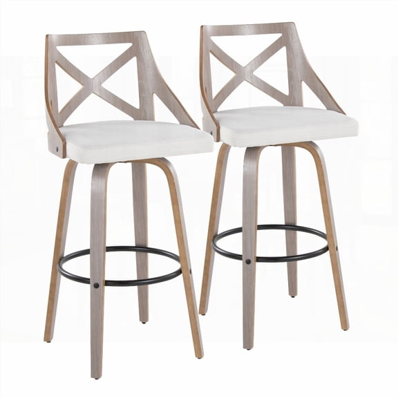 Set of 2 - 30" Light Grey Wood & Cream Noise Fabric Farmhouse Barstools with Swivel & Black Metal Footrest by LumiSource
