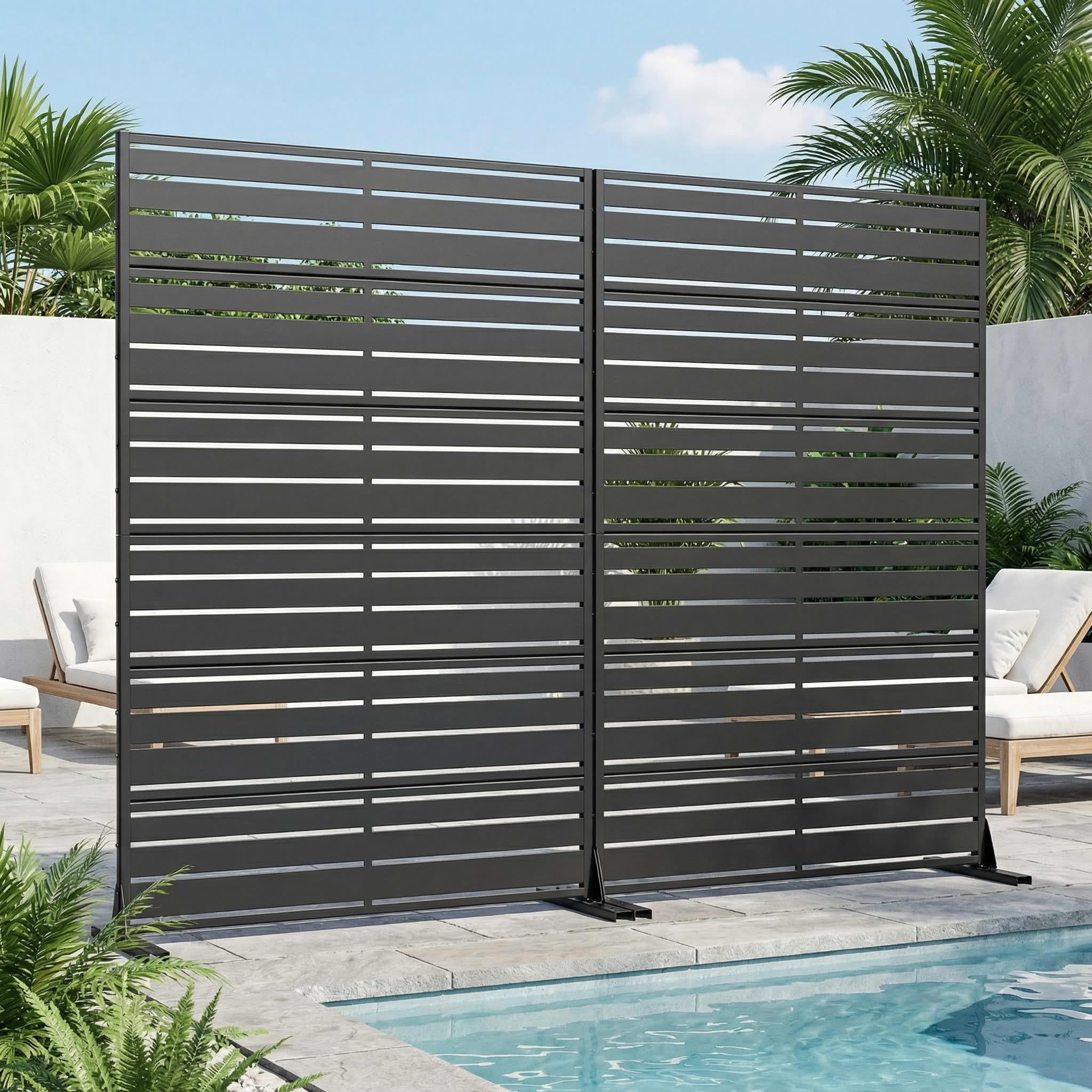 MAYEERTY 2-Piece 72"x47" Privacy Screen, Black 6-Panel Galvanized Steel Louvered Fence, Wide-1 Narrow-2, Freestanding for Patio Backyard