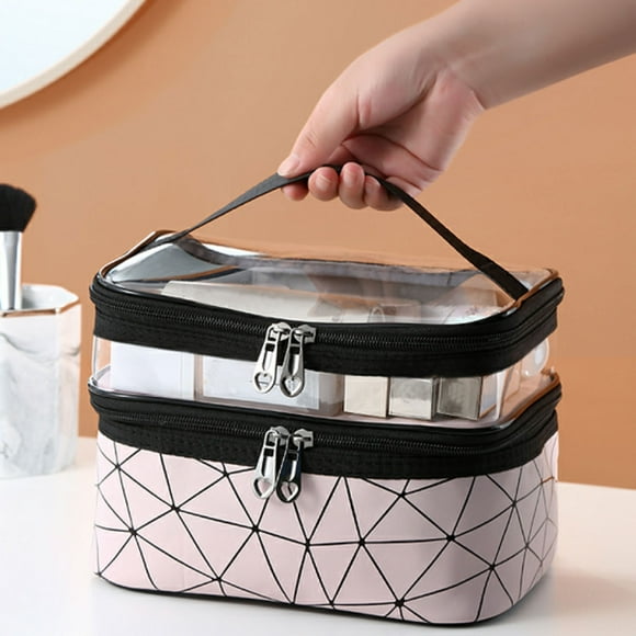 Meiyuuo Travel Makeup Bag Double Layer Make Up Bags Large Clear Beauty Essentials Organizer, Cute Cosmetic Case for Women Girls Reusable Toiletry Bag Cow Print