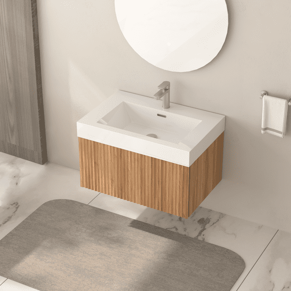 AVAXA 30" Bathroom Vanity with Sink,Wall Mounted Floating Bathroom Cabinet with Integrated Basin Plywood Finish Modern Minimalist Design for Compact Bathrooms Acacia Color