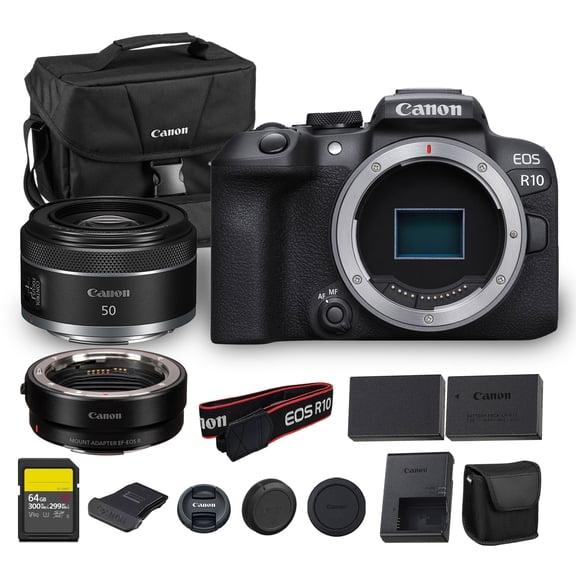 Canon EOS R10 Mirrorless Camera 24.2MP APS-C Sensor 4K Video Dual Pixel AF Compact Lightweight Vlogging Travel Camera (5331C002) Canon RF 50mm f/1.8 STM Lens Adapter EF-EOS R 64GB Card More