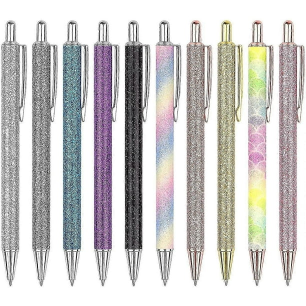 10 PCS Ballpoint Pens, Glitter Rose Gold Click Ball Pens, Metal Retractable Pen, Black Ink Medium Point 1mm, Gifts and Office Supplies