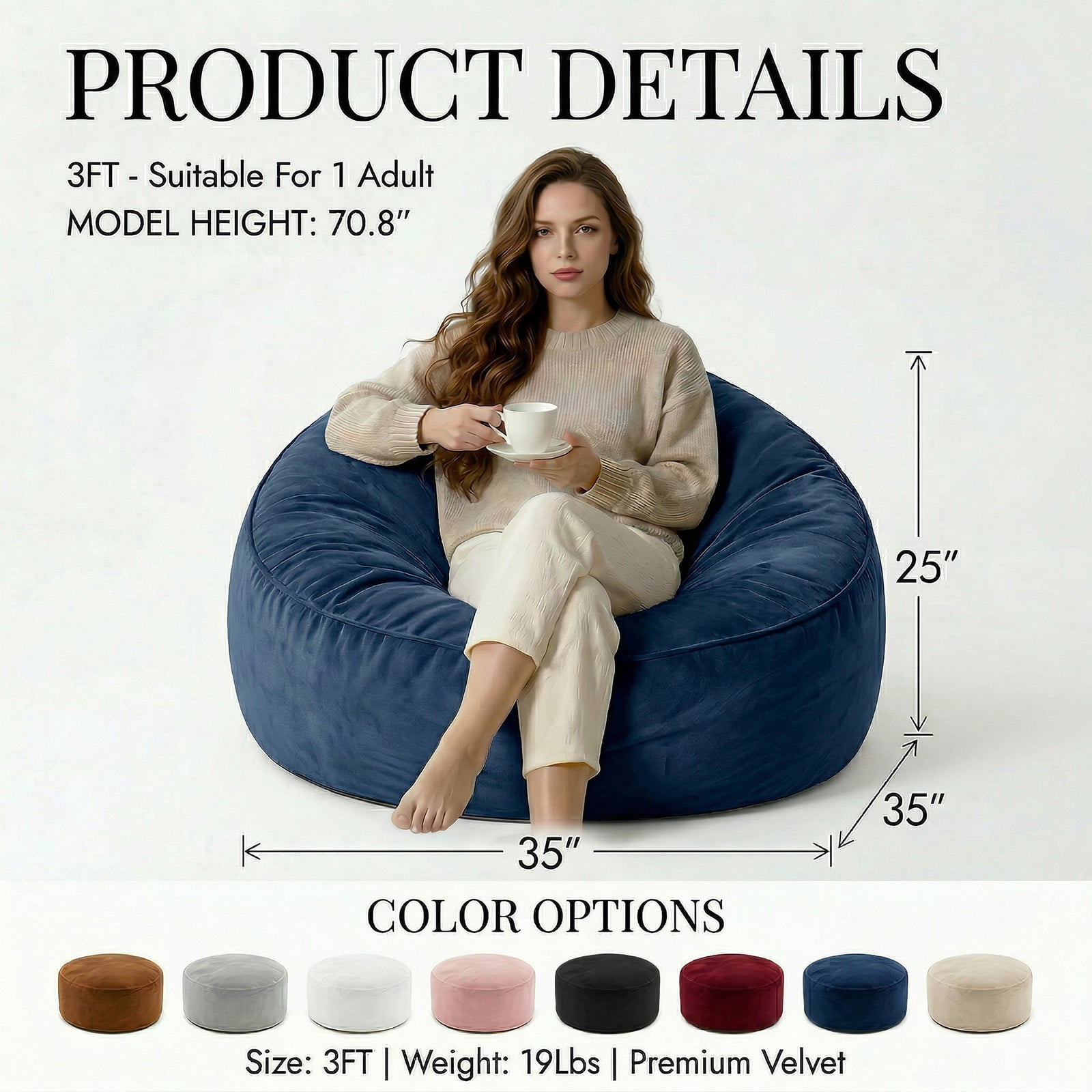 VIREO 3FT Bean Bag Chairs for Adults Memory Foam Filler Beanbag Chair with Removable and Washable Flannel Cover, Lazy Chairs for Living Room - Blue