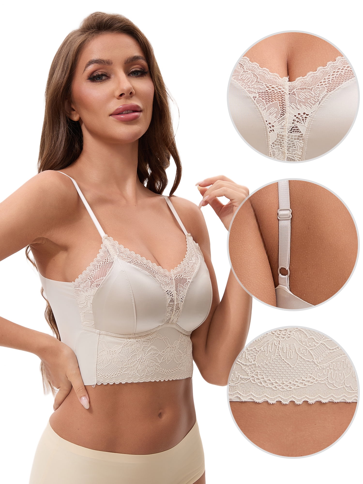 Unique Bargains Women's Lace Wave Trim V Neck Cropped Camisole L Khaki