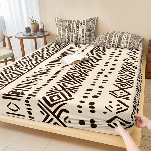 Cal.King Size Fitted Sheet Set - Vintage Boho 3 Piece Bedding Sets 16" Deep Pocket Fitted Sheet with 2 Pillowcases, Abstract Retro Geometric Striped Beige Brushed Microfiber Hotel Luxury Bed Sheets