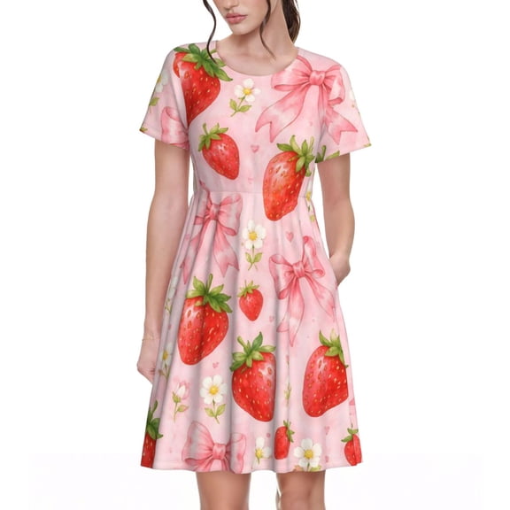Strawberry Bow Floral Dresses Short Sleeve Nightdresses for Women