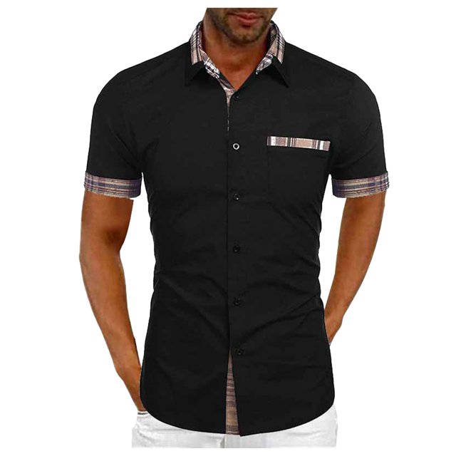 Men's Summer Solid Color Casual Short Sleeve Shirt Collar Stripe Contrast Fashion Button Shirt M