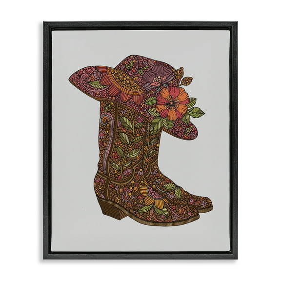Stupell Industries Paisley Cowboy Boots Botanical & Floral Painting Black Floater Framed Canvas Art Print Wall Art, 17 x 21