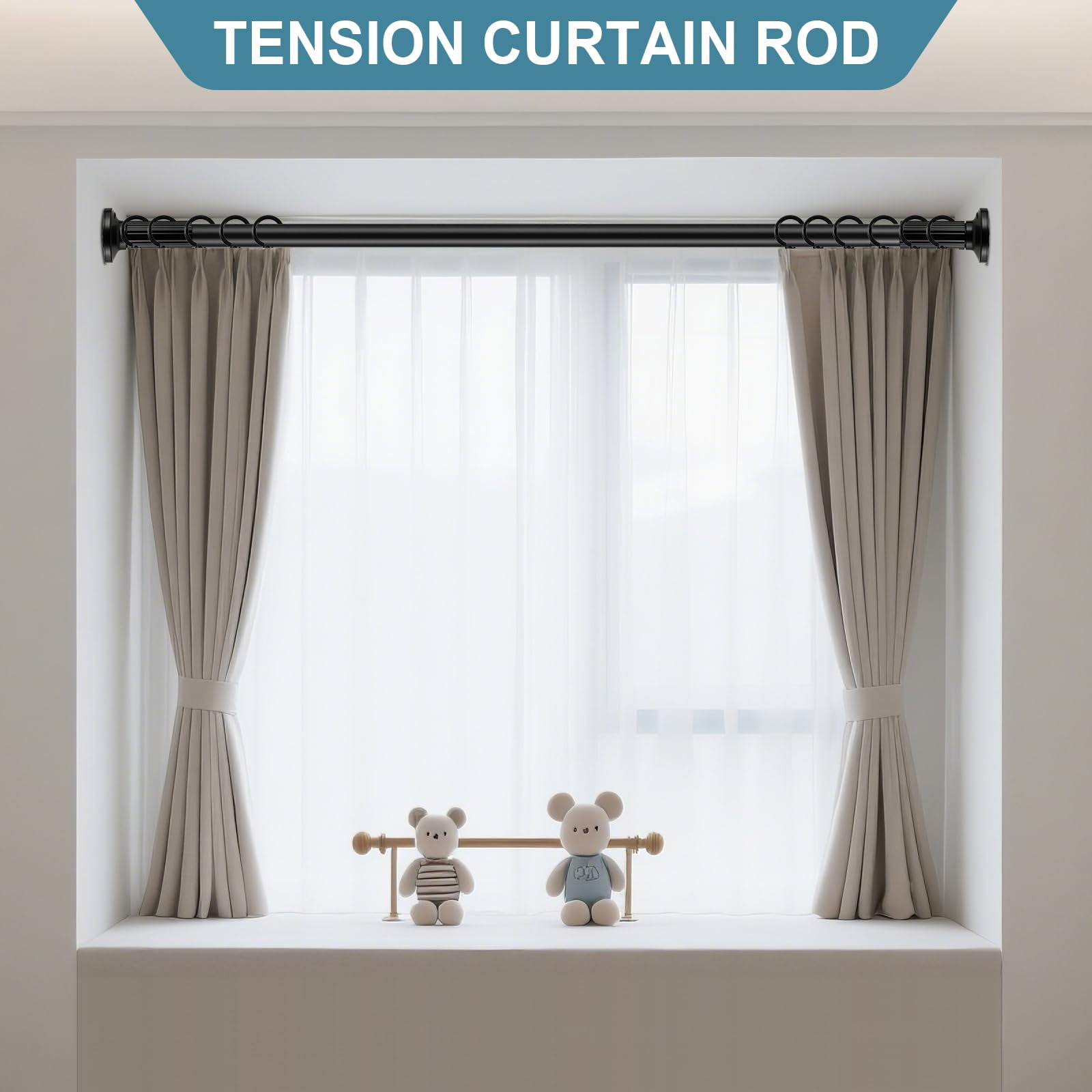 VEGCOO Tension Curtain Rod 51-148 In(4.25-12.33 ft), Rod Rust-free No Drilling Shower Curtain Rod, Outdoor Curtain Rods for Patio for Window Room Divider Closet Rod Adjustable Black
