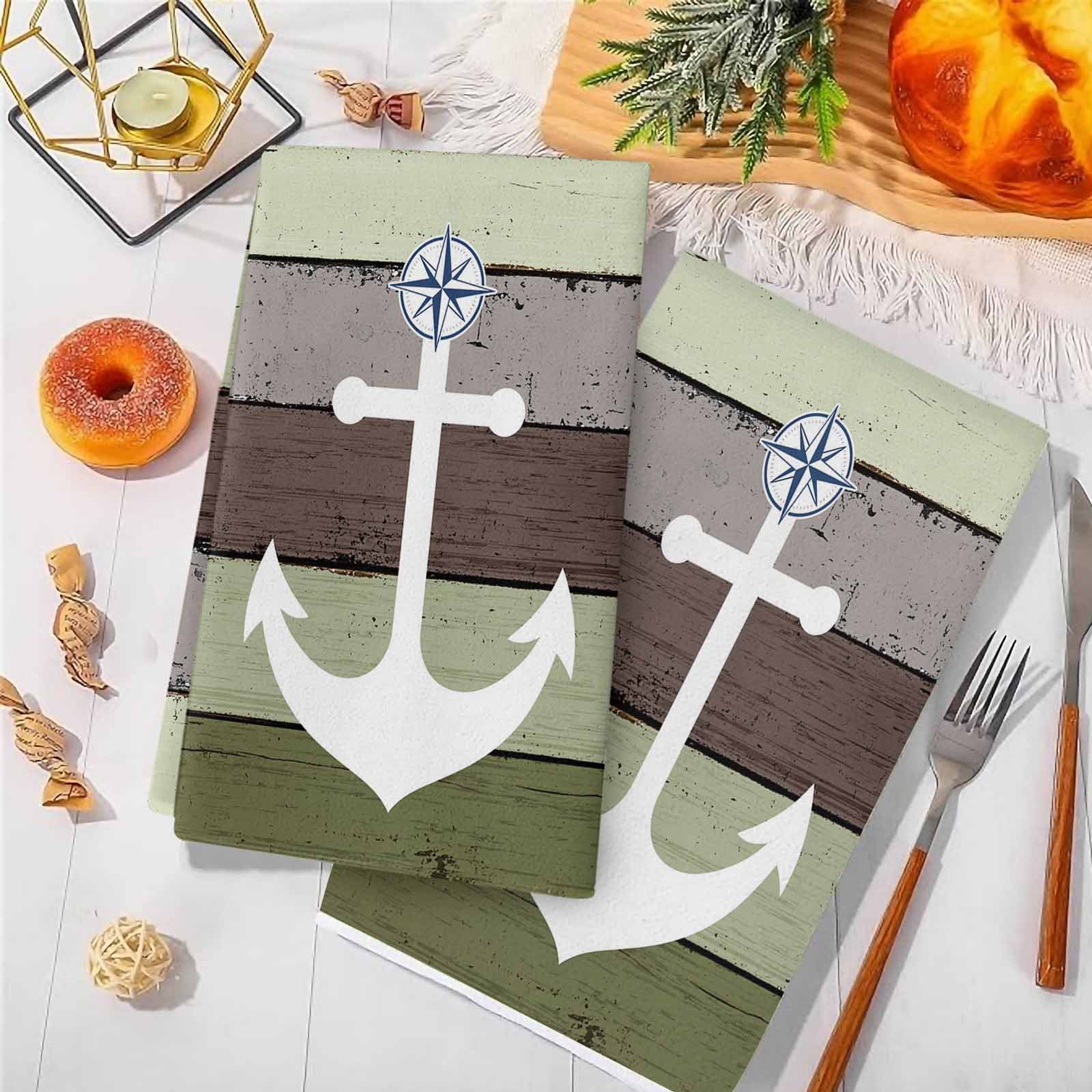 Dish Towels, Nautical Anchor Absorbent Kitchen Towels 2 PCS, Vintage Sage Green Wood Grain Microfiber Hand Towels Dish Cloths Tea Towels for Home&nbsp;Bathroom Cleaning Drying,18X28-Inch,