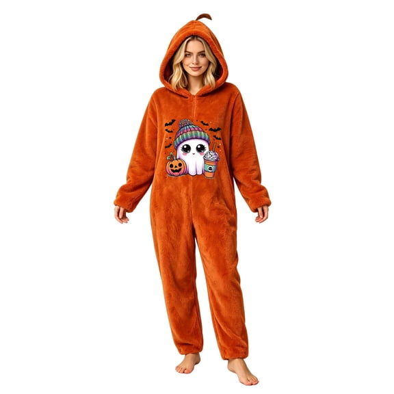 Halloween Pumpkin Onesie Pajamas, Halloween Cute Ghost Plush Hooded for Adults, Cozy Loungewear for Parties and Movie Nights, Style01# L