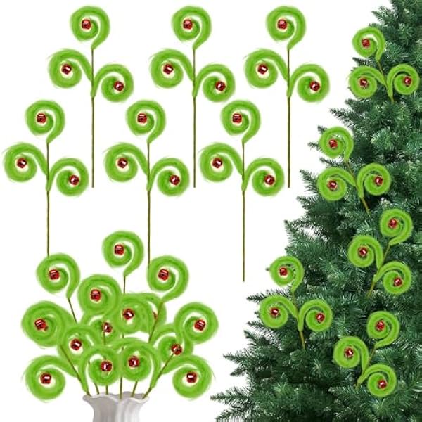 wonima02 6 PCS Green Furry Christmas Tree Picks, 17'' Spiral Curly Sprays Ornaments with Bells, Xmas Artificial Stems for Christmas Tree Topper Filler Branches Home Wreath Party Decorations Gifts