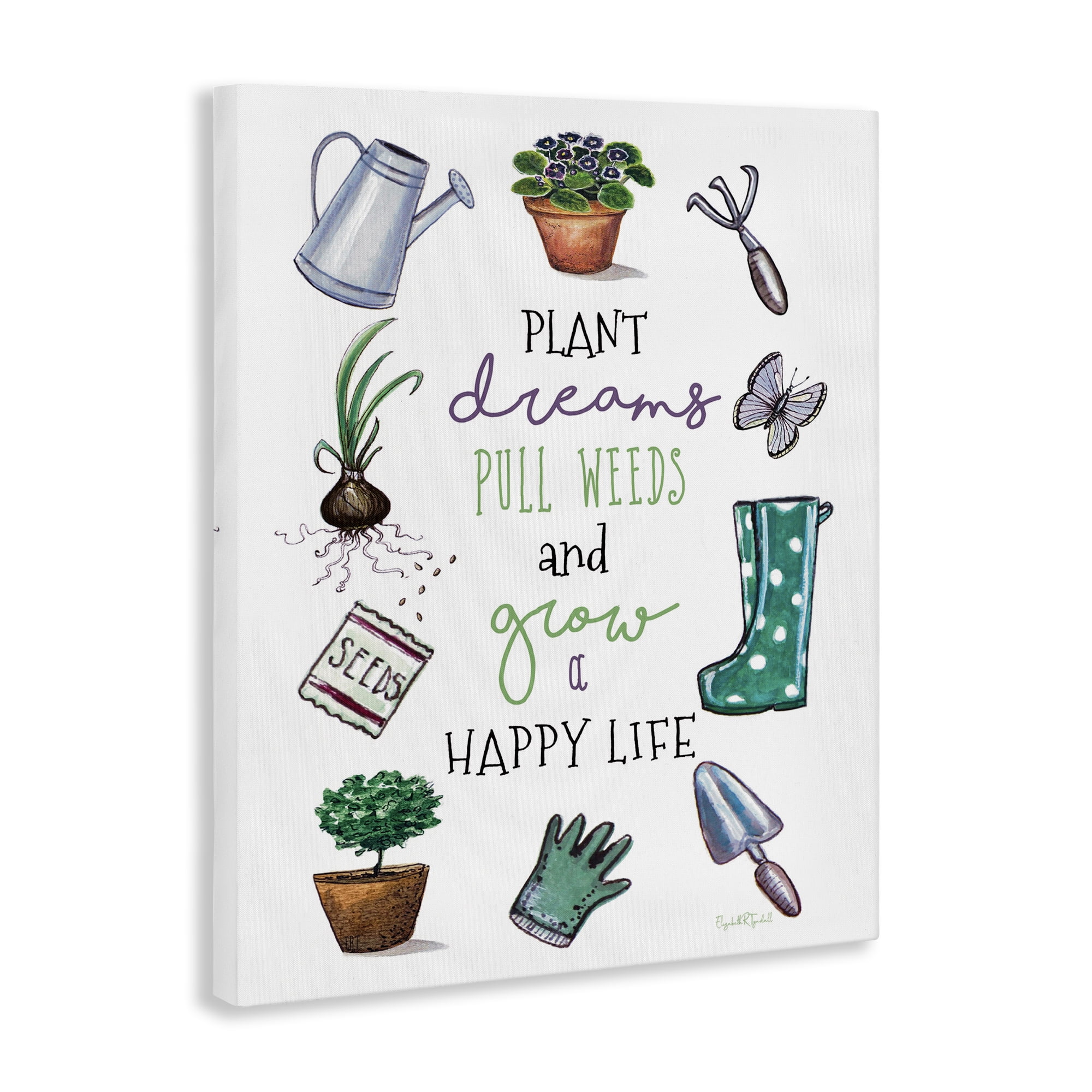 Stupell Industries Grow a Happy Life Botanical & Floral Painting Gallery Wrapped Canvas Art Print Wall Art, 36 x 48