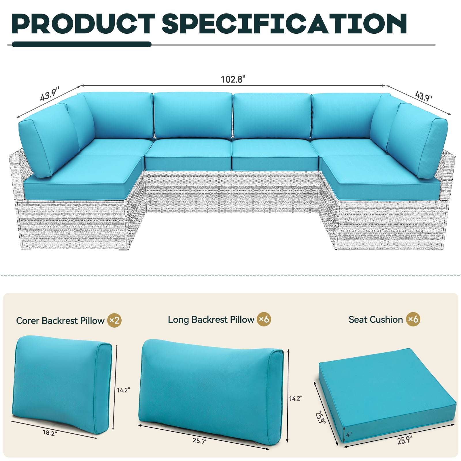 Outdoor Cushions Set of 14 for 7 Pieces Sectional Rattan Conversation Sets,Outdoor Furniture Replacement Cushions for Patio Furniture,4-INCH Replacement Sofa Cushions