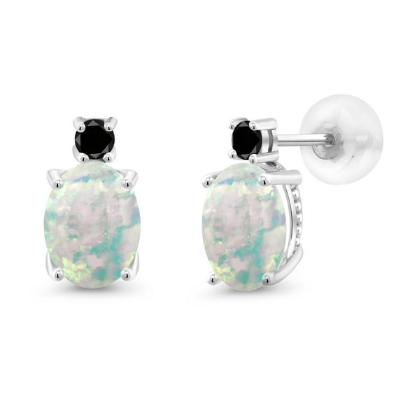 Gem Stone King 14k White Gold Simulated White Opal and Black Diamond Earrings for Women (2.23Cttw, GemstoneOctober Birthstone, Oval Cabochon 8X6MM, Round 2.5MM)