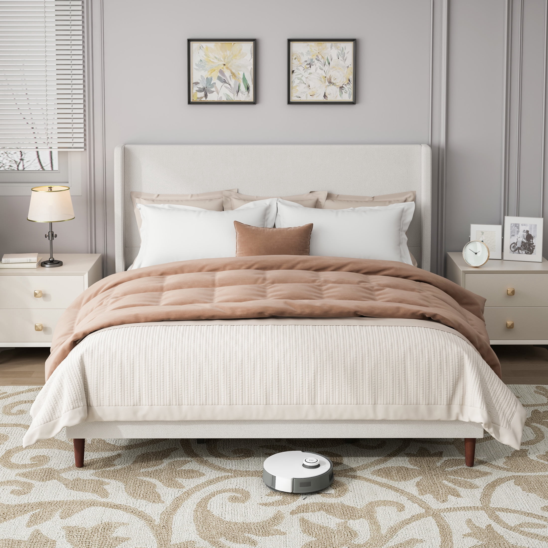 GDF Studio King Size Chenille Upholstered Bed with High Headboard & Wood Slat Support, Ivory White