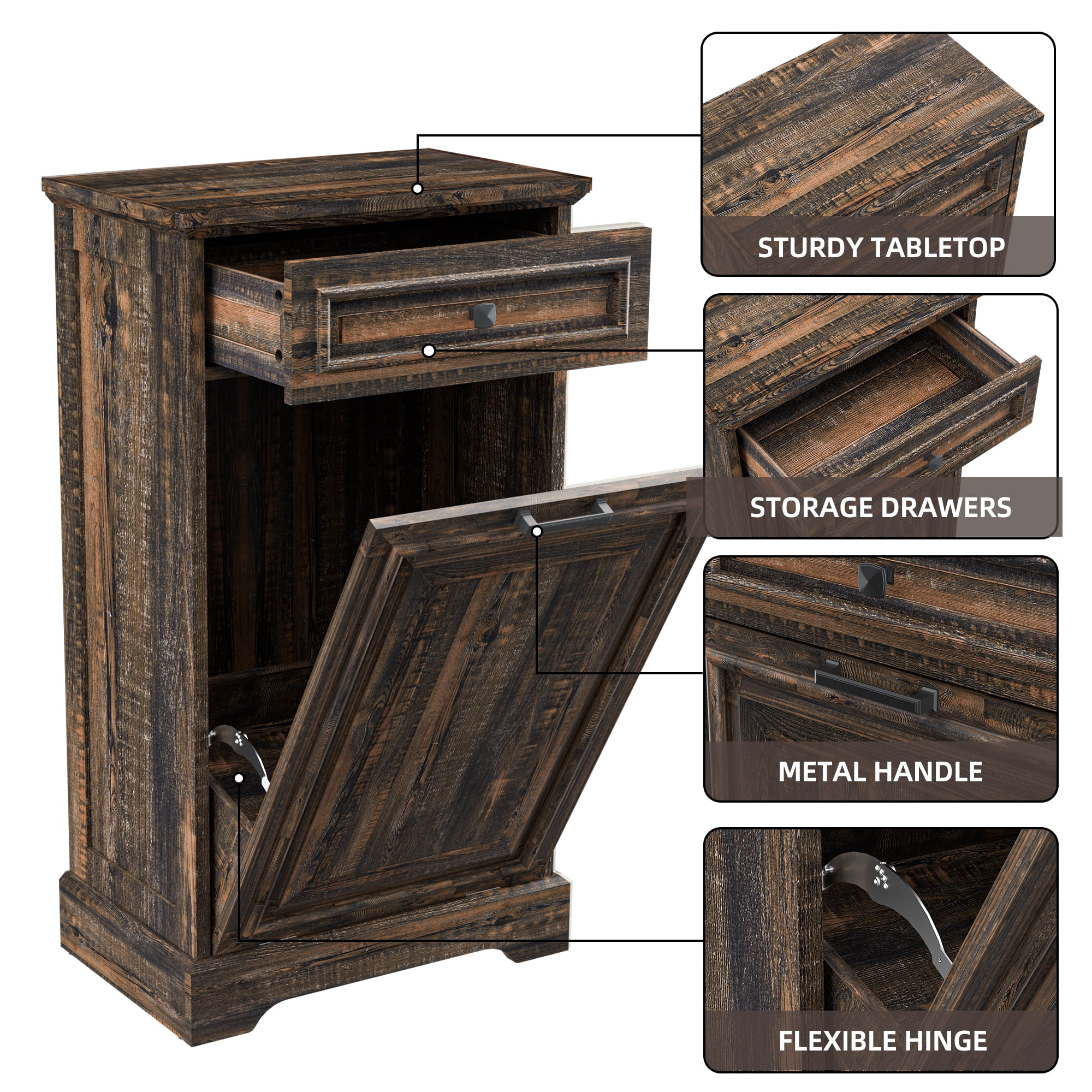 HARIPUL 13 Gallon Tilt Out Trash Cabinet for Kitchen, Single Kitchen Trash Can Cabinet with Drawers, Dark Brown