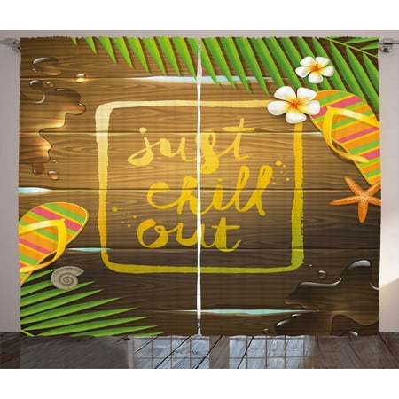Just Chill Curtains 2 Panels Set, Handwritten Painting Calligraphy on a Wooden Background Flip Flops Summer Theme, Window Drapes for Living Room Bedroom, 108