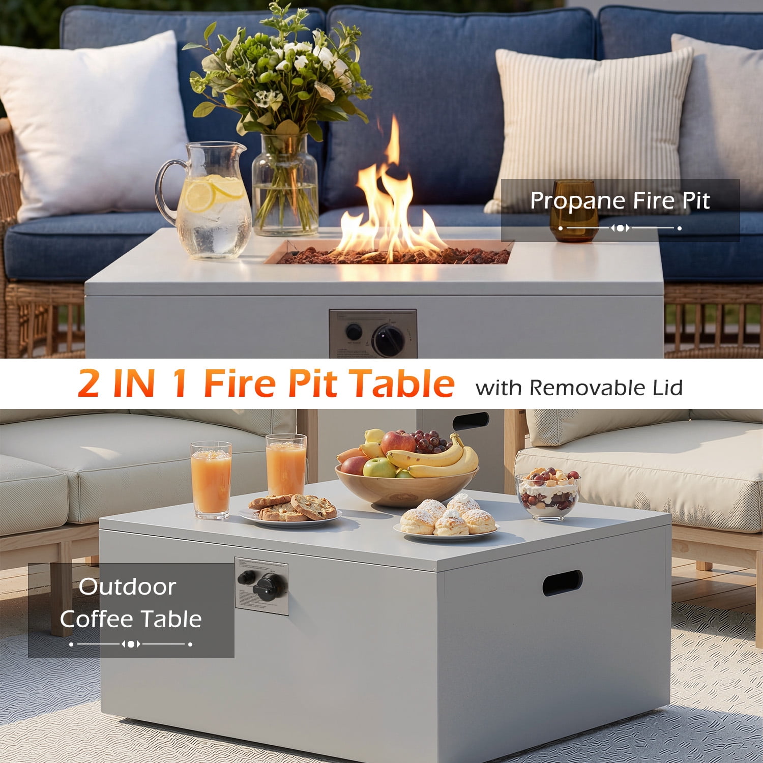 Danrelax 2-Piece 32" Square Propane Fire Pit Table with Tank Holder, 50,000 BTU Outdoor Gas Fire Pit with Lid, Lava Rocks and Weather-Resistant Cover, Grey