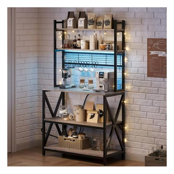 Kitchen Bakers Rack with Power Outlet & , 5 Tiers Coffee Bar Table with 8 S , 64 Inches Tall Microwave Oven Stand with Storage for Spices, Pots, Gray
