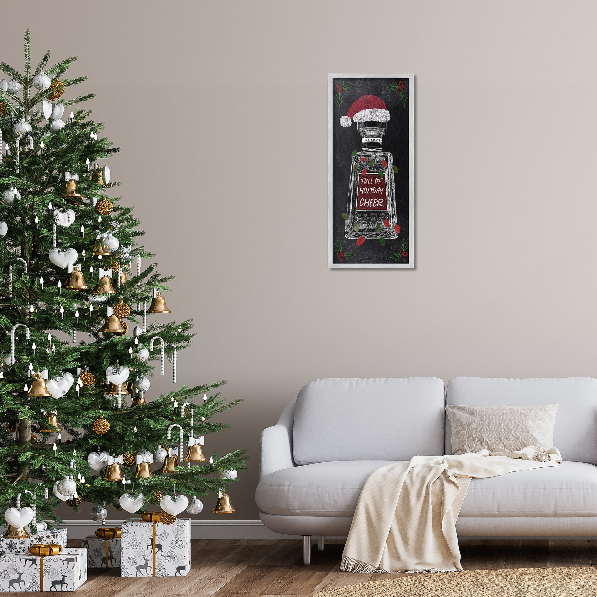 Stupell Industries Holiday Cheer Bottle Holiday Painting Gray Framed Art Prints Wall Art, 13 x 30