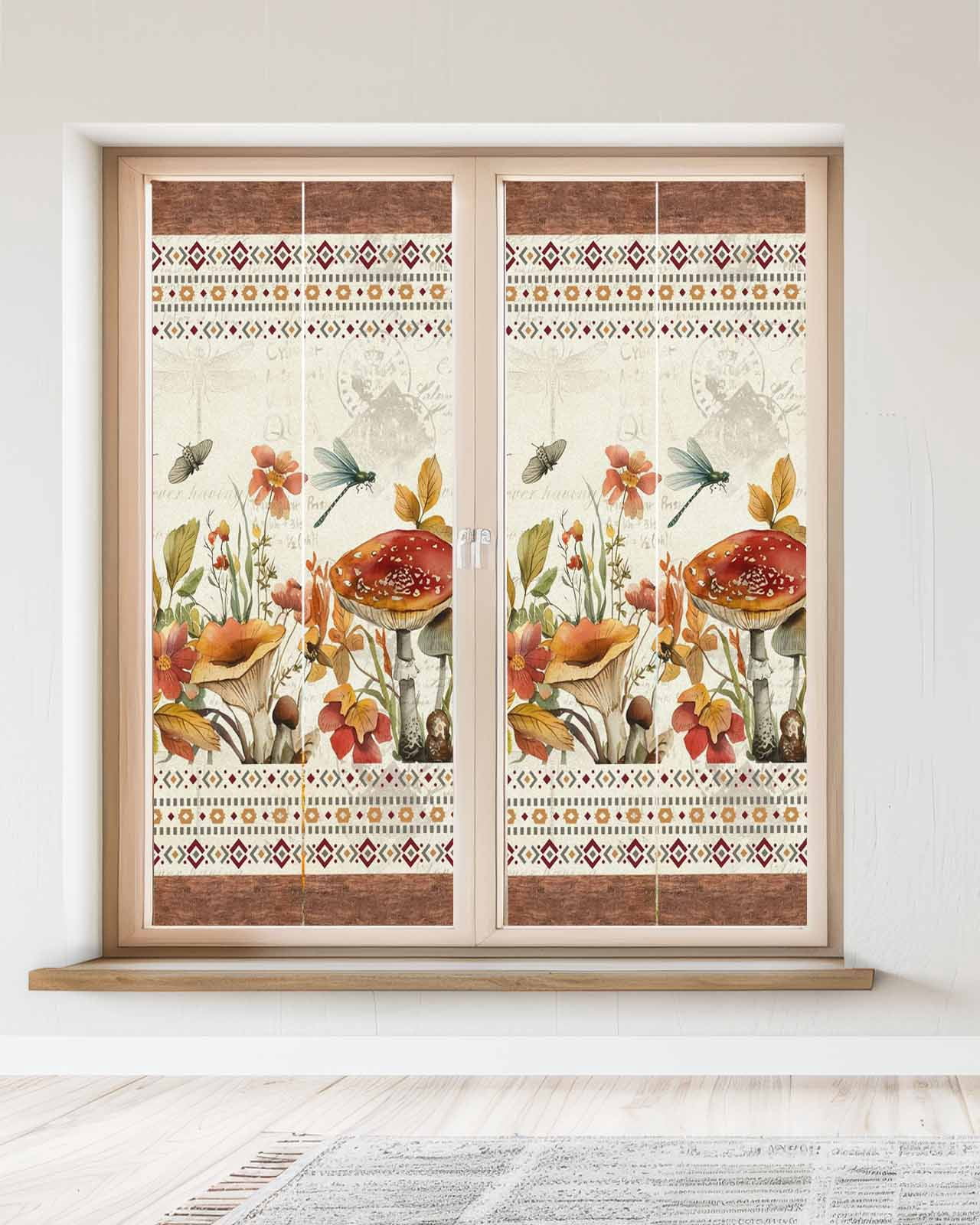 Window Privacy Film Botanical Mushrooms Stained Glass Window Film Decorative Sun Block Window Cover Retro Fall Wild Flowers Farmhouse Window Clings Static Adhesive Sticker for Bathroom 23.6"x59"