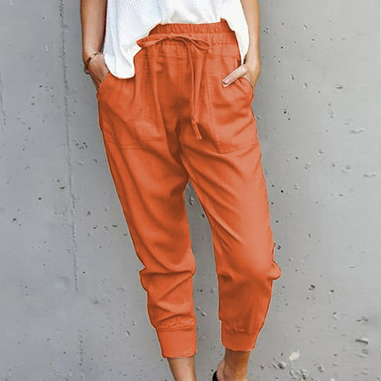 Cropped Pants Womens Capri Sweatpants Straight Leg Tapered Drawstring  Elastic Waist Slim Stretchy Activewear Joggerpants (L, Orange-S)
