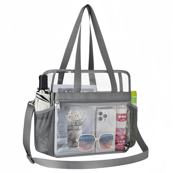 Heavy Duty Stadium Approved Clear Shoulder Tote Bag, Large Transparent Travel Storage Bag for Sports Events, Office Work & Daily School Use, Gray