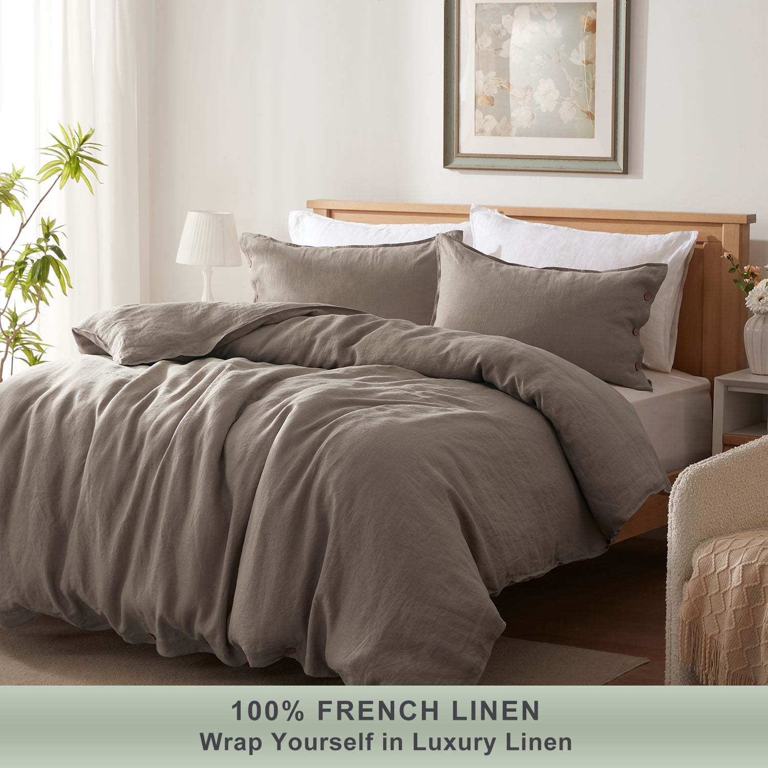 TOSMO 100% Linen Duvet Cover Set with Button Closure, 2 Pieces (1 Duvet Cover with 1 Pillowcases), Soft Breathable Durable Farmhouse Bedding