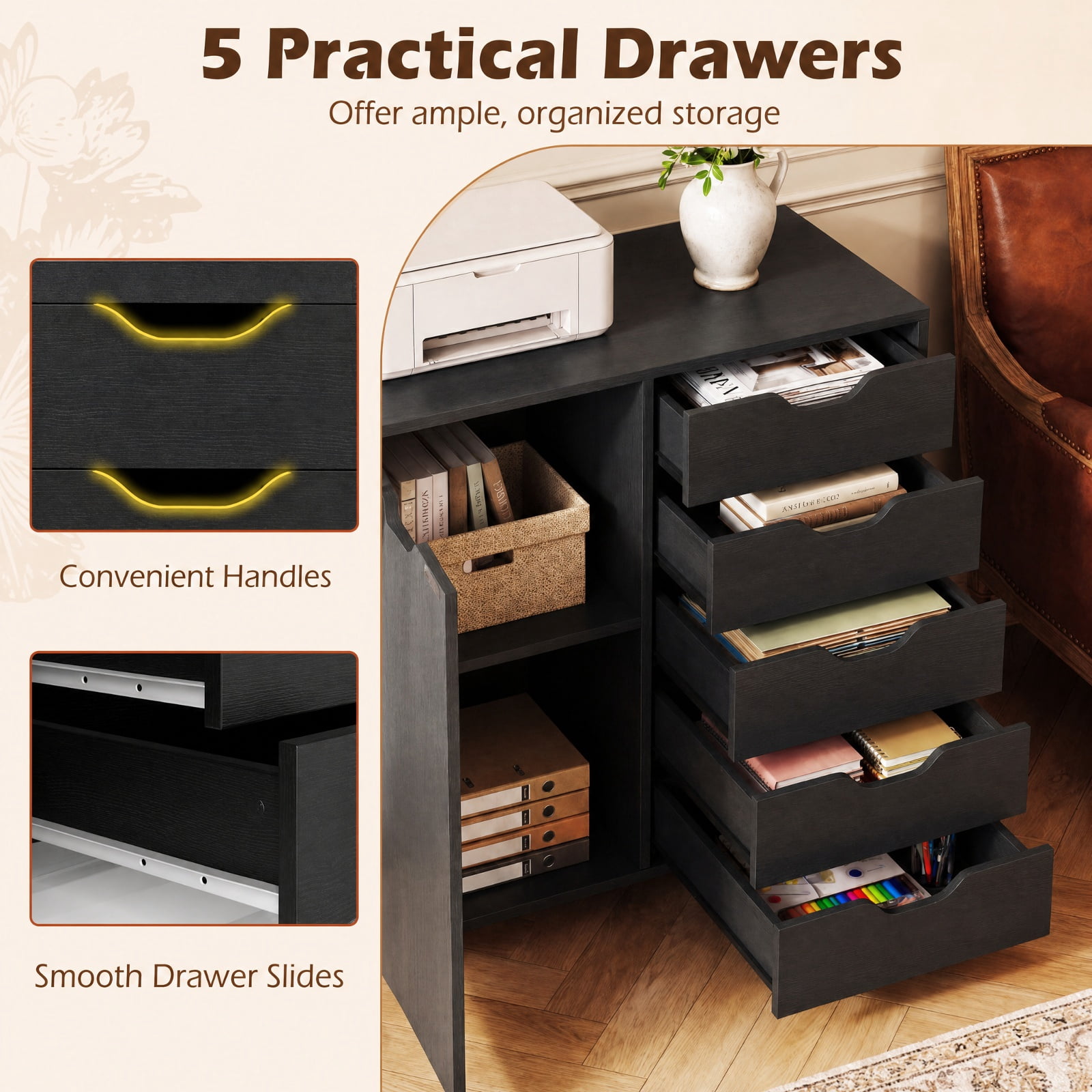 Furnibear 5-Drawer Rolling Storage Cart with Side Cabinet for Home Office Filing Document Letter Legal Storage, Black
