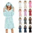 thumbnail image 6 of Women's Plush Fleece Hooded Knee Length Robe Set, Soft Bathrobe with Pockets and Sleep Mask, Cozy Loungewear, Warm Spa Robe with Adjustable Belt, Matching Eye Mask Included Light Blue M, 6 of 7