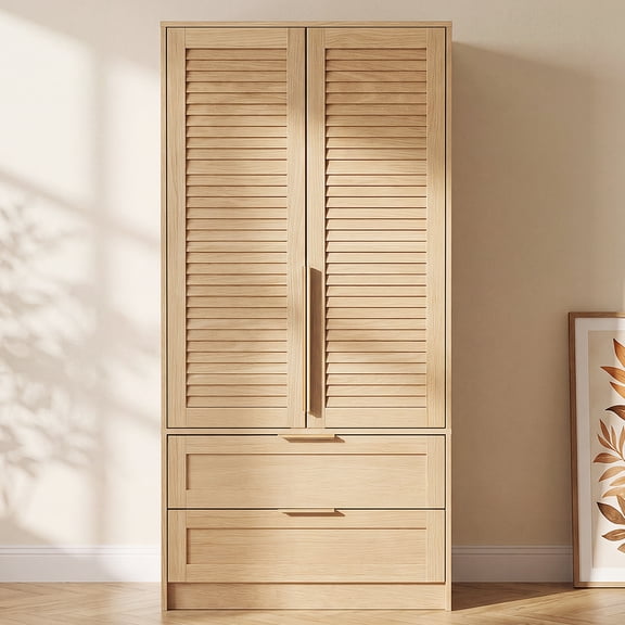 Sweiko 62" Armoire Wardrobe Closet with drawers, Modern Wardrobe Cabinet with Louvered Doors, Freestanding Wooden Storage Cabinet for Apartments,Bedroom, Oak