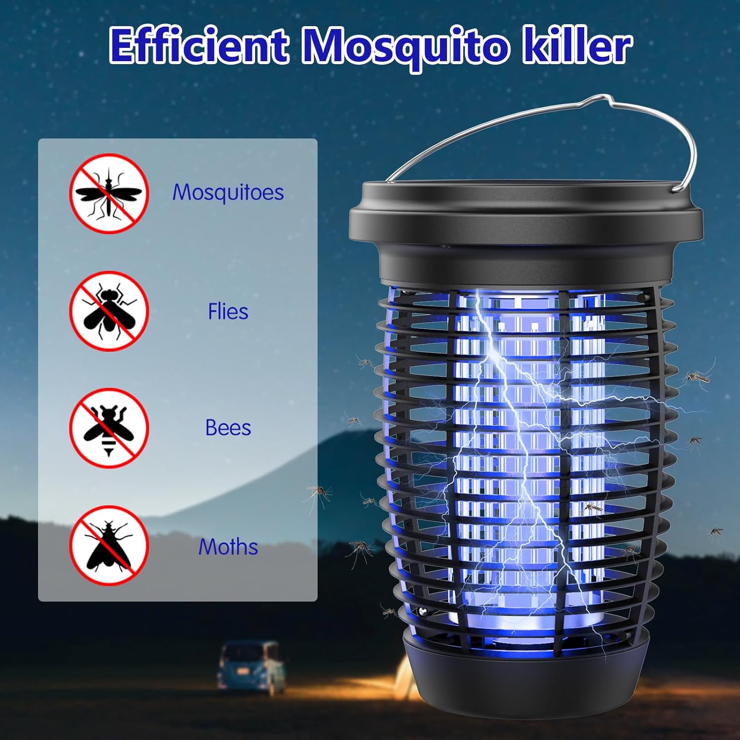 Bug Zapper Soalr for Outdoor, 4500V Mosquito Killer Lamp with Ground Pole Type-C Rechargeable Insect Zapper for Patio, Porch, Camping