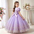 thumbnail image 5 of Girls Puff Sleeve Bow Ball Gown Dress Embroidered Mesh Floor Length Birthday Party Pageant Princess Dress (13-14 Y, Purple), 5 of 6