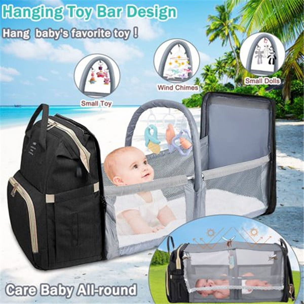 8-in-1 Travel Diaper Bag Backpack with Changing Station, Mosquito Net & Toy Bar - Waterproof, Large Capacity for Baby Girl/Boy