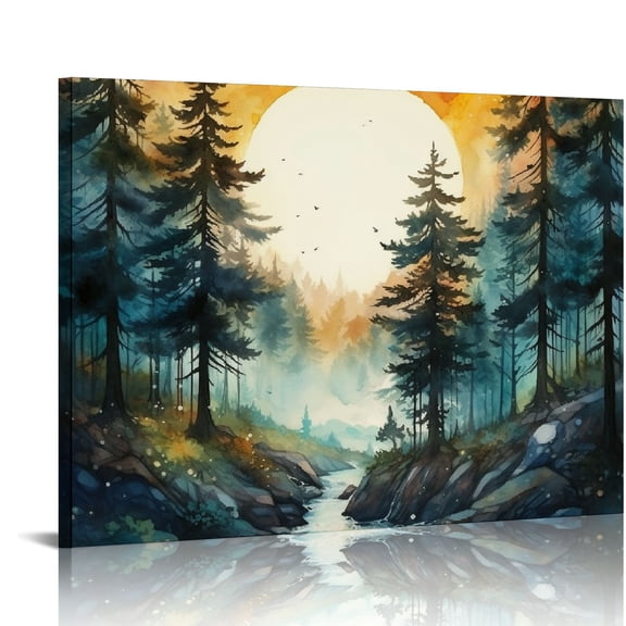 JRXY Watercolor Forest Poster,Green Trees Wall Art,Nature Serenity Watercolor Landscape Mountain Canvas wall art,Modern Botanical wall art 20x16in