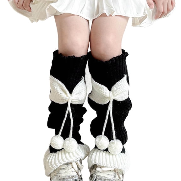 Favoffer Girls Pile-Up Socks Sweet Pom-Pom Patchwork Bow Long-Tube Warm Winter Socks for Daily Lolita Outfits Holiday Celebrations Home Lounging 3-15Y