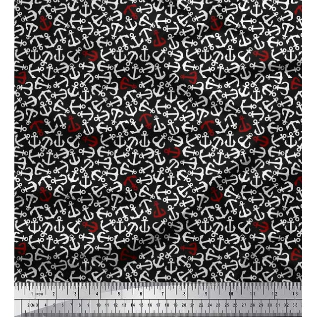 Soimoi Modal Satin Fabric Anchor Hook Nautical Print Fabric by Yard 42 Inch Wide