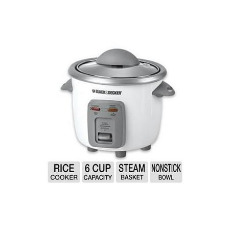 Black & Decker RC3406 Rice Cooker and Steamer - 6 Cup, Steam Basket, Removable Divider, Nonstick Cooking Bowl, Tempered