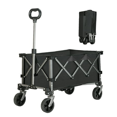Collapsible Wagon, Heavy Duty Folding Utility Garden Cart with Big All-Terrain Wheels, Beach Wagon with 220lbs Weight Capacity, Collapsible Folding Wagon for Sports, Shopping, Camping (Black)
