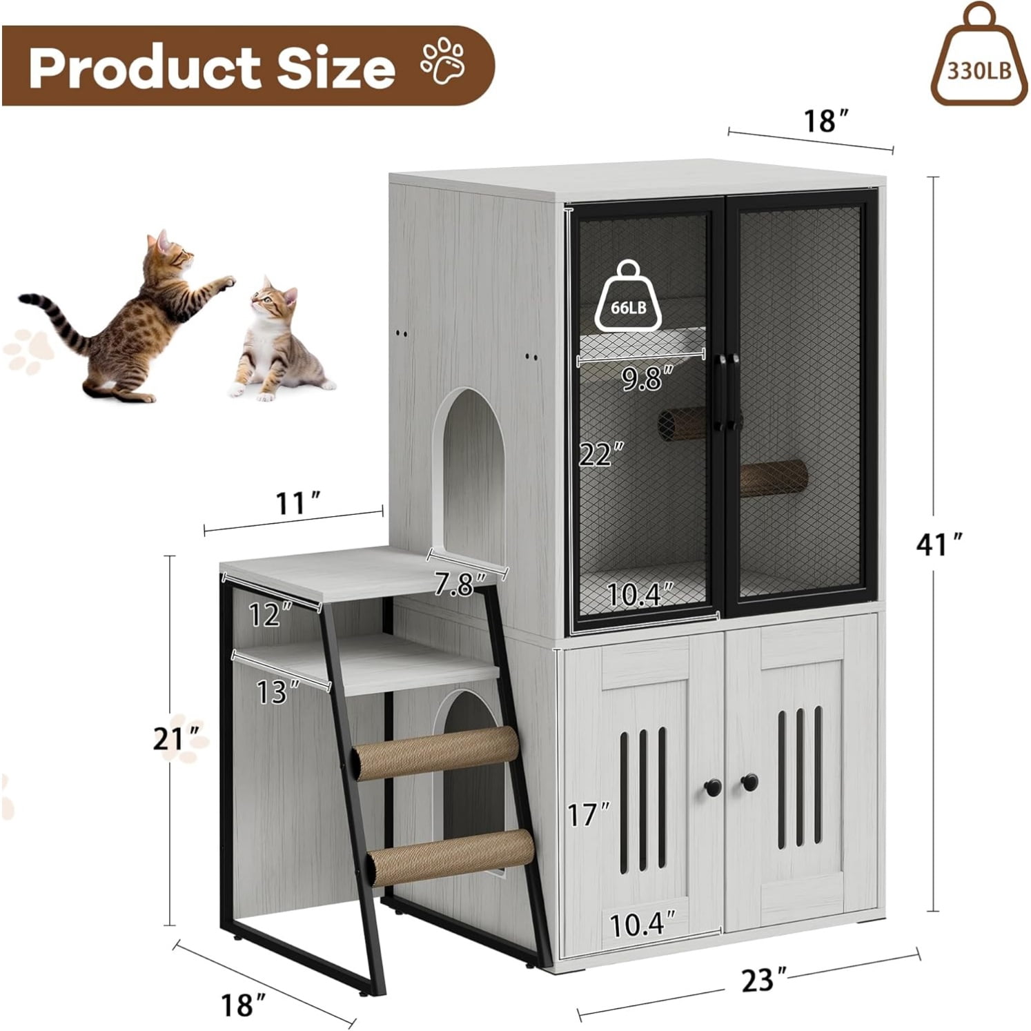 2-Tier Cat Litter Box Furniture - Enclosed Hidden Litter Box Cabinet with Doors, Storage Shelf & Step Ladder - Discrepet Cat Toilet Furniture for Home Decor, Large Size for Multiple Cats