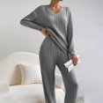 thumbnail image 6 of Diufon Women's Oversized Pajama Set 2 Piece Knitted Long Sleeve V Neck Tops and Wide Leg Pants Sleepwear Outfit, 6 of 7