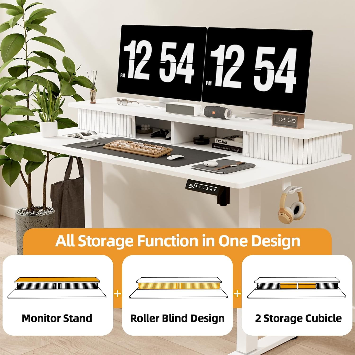 Height Adjustable Electric Standing Desk with Storage Shelves, 48 Inch Table with Built-in Monitor Stand, Sit Stand Desk with 2 Hooks for Home Office, Grey Desktop & Black Frame