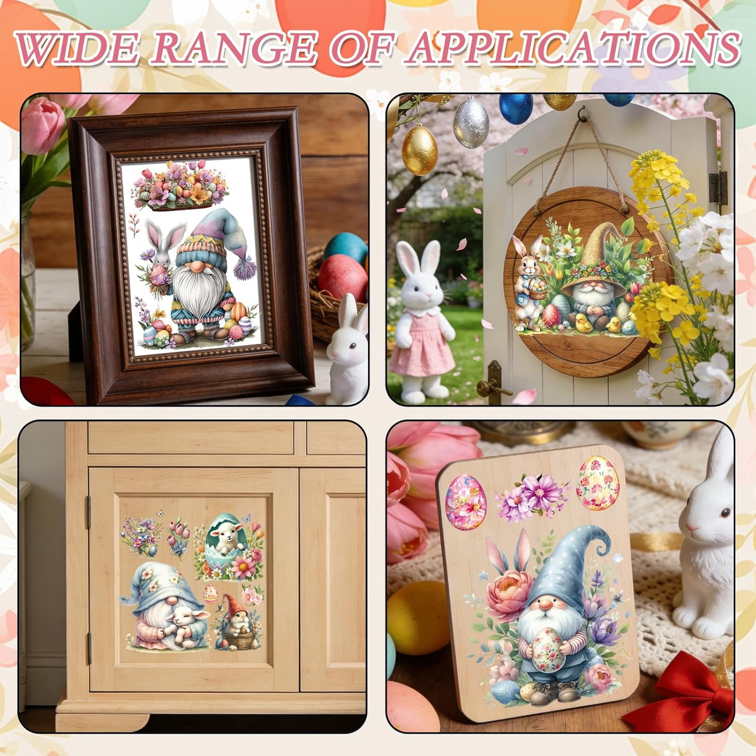 Easter Rub on Transfers for Crafts - 18 Pcs Bunny Gnome Rub on Transfers for Furniture Rabbit Egg Transfer Decals for Wood DIY Glass Home Decor 5.9x5.9 Inch