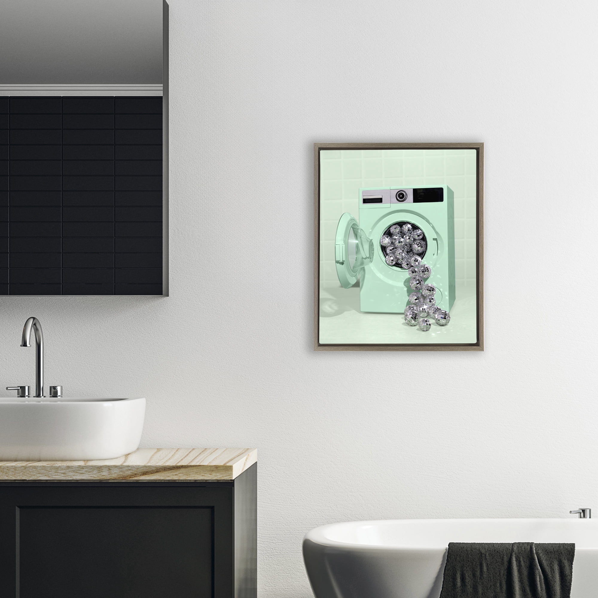 Stupell Industries Disco Laundry Machine over Green Brown Framed Floater Canvas Wall Art, design by LISH Creative