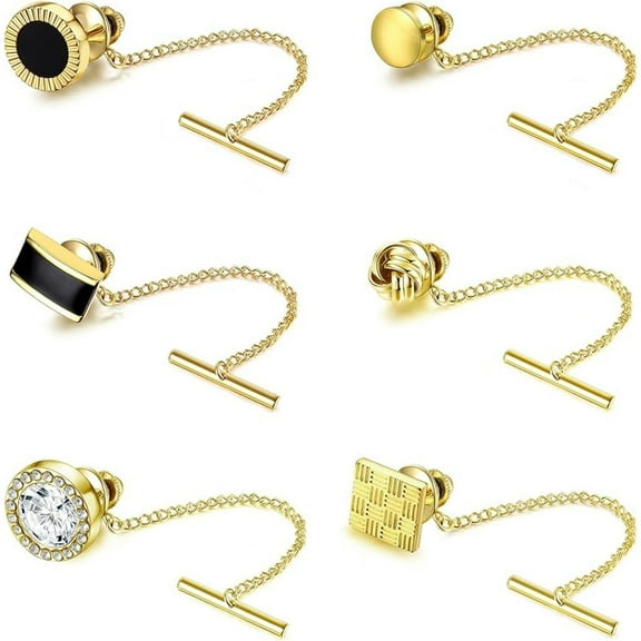 Jstyle  6Pcs Tie Tacks for Men Tie Pin with Chain 14K Gold Plated Tie Tack Clutch for Wedding Birthday Anniversary Business Accessory Daily