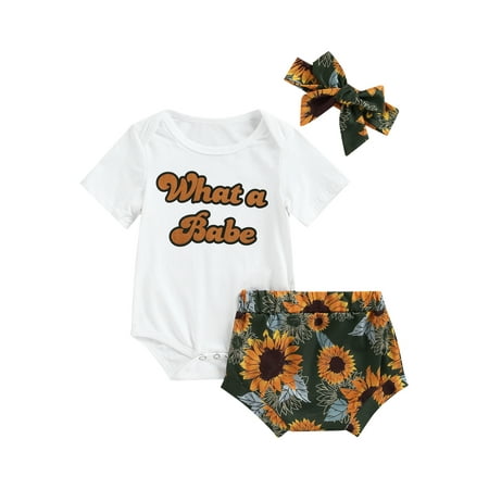 

jaweiw 3 Pieces Baby Clothes Set Letter Print O-Neck Short Sleeve Romper+ Sunflower Print Shorts+ Headband for Girls Size 0 6 12 18 24 Months