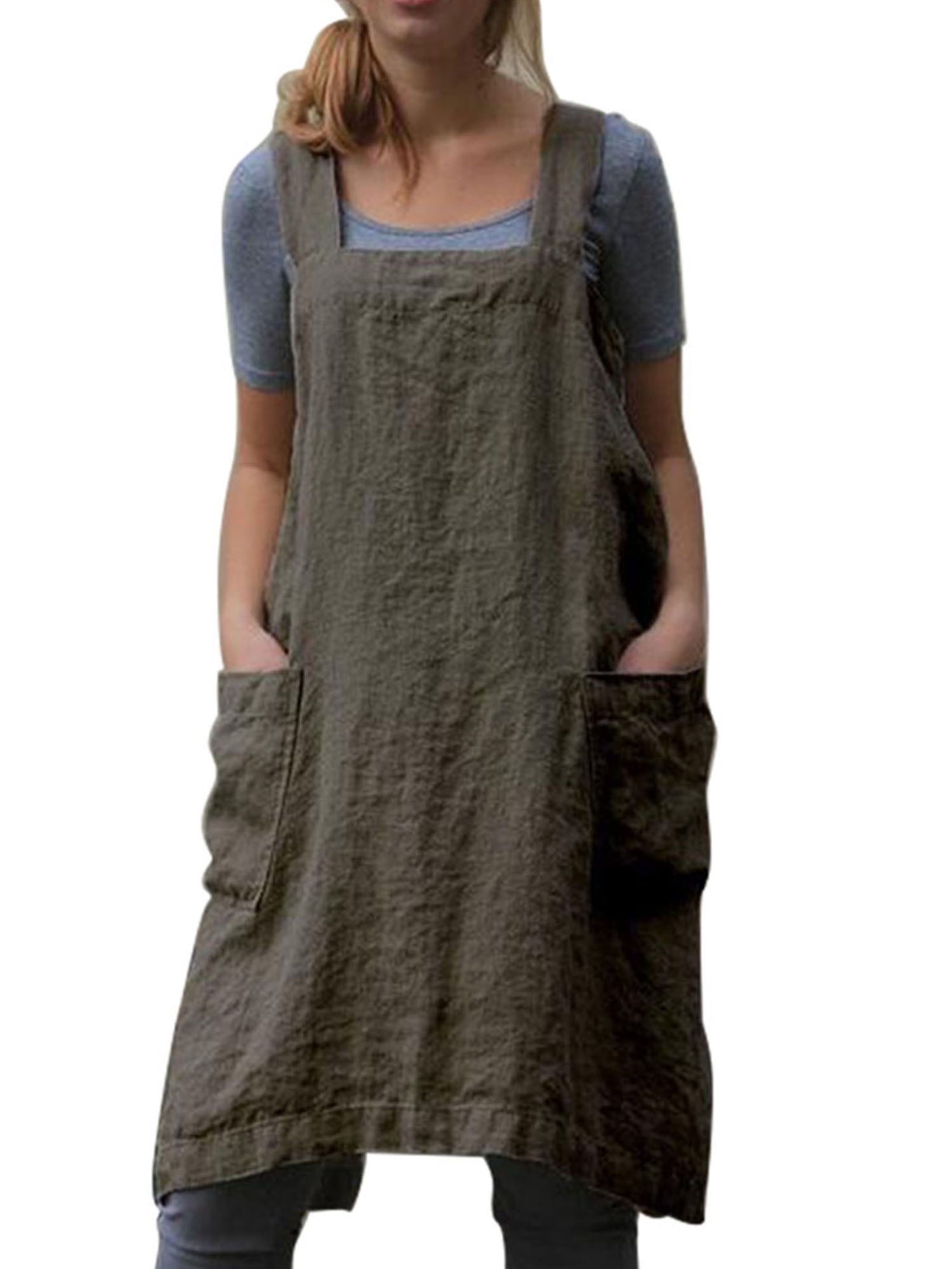 Cotton Linen Cross Back Apron for Women with Pockets for Cooking Baking Painting Gardening Cleaning